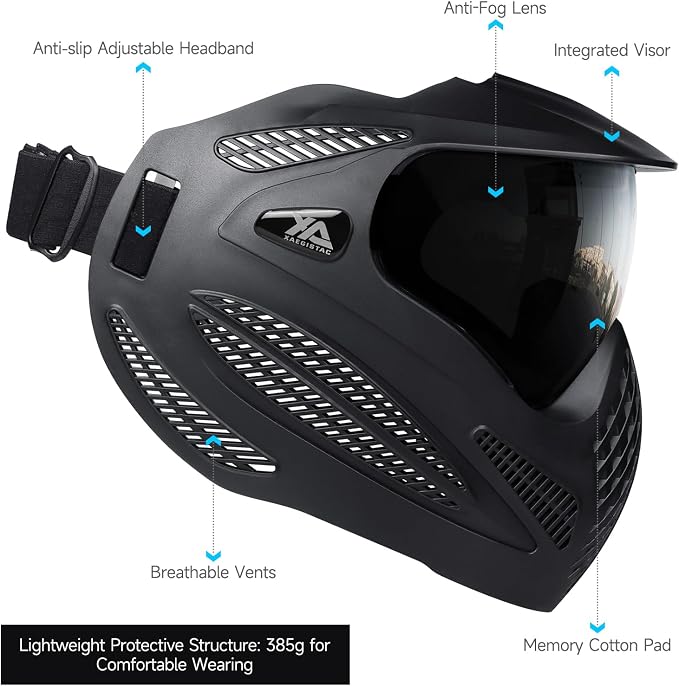 Xaegistac Paintball Mask-Intergrated Sun Visor Airsoft Mask, Wide Field of View, Anti Fog, Adjustable Headband for Paintball, Airsoft