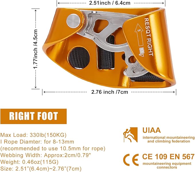 Foot Ascender, Outdoor Rock Climbing Tree Arborist, Mountaineering Rappelling Equipment Climbing Device for 8-13mm Rope（Left Black+Right Orange）