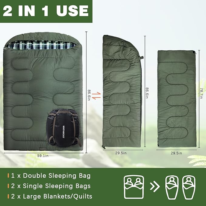 0 Degree Double Sleeping Bag for Adults Queen Size 2 Person Sleeping Bag for Cold Weather with Compression Sack for Car Camping, Hunting and Tent Camp