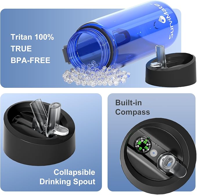 SurviMate Purified Water Bottle for Camping, Hiking, Backpacking and Travel, BPA Free with 5-Stage Intergrated Filter Straw