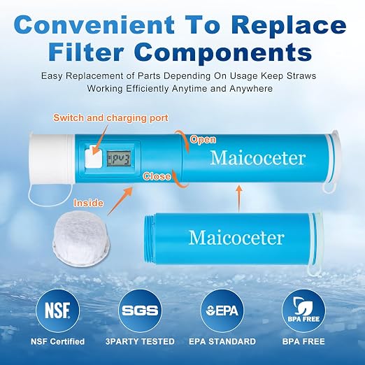 Water Filter Straw with LED Filtration Progress Display, 0.1 Micron Portable Purifier for Hiking, Camping, Backpacking & Emergency Survival, Real-Time Indicator Removes Contaminants