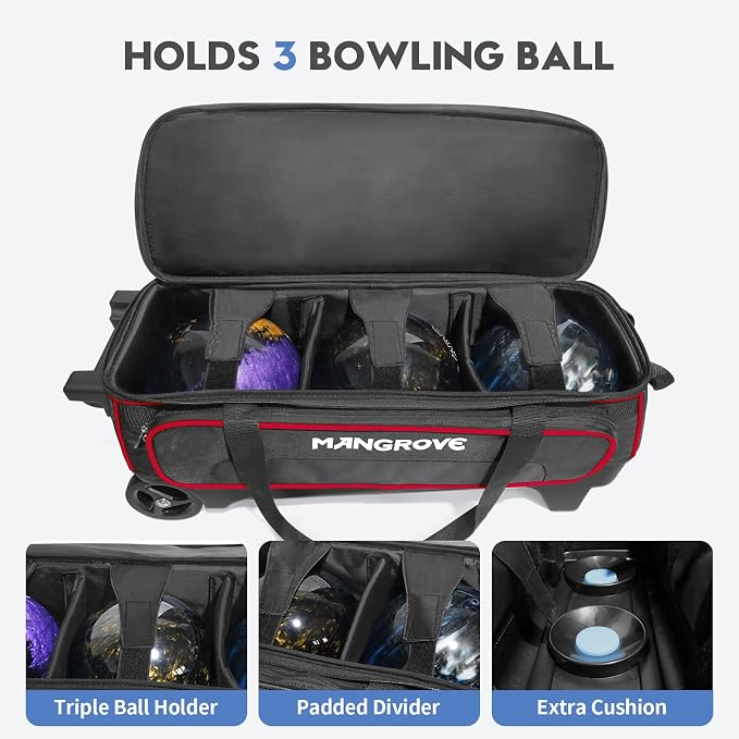 Mangrove 3 Ball Bowling Bag with Wheels & Shoe Compartment, Deluxe Bowling Ball Bag 3 Ball Roller, Rolling Triple-Ball Bag w/Accessory Pocket & Retractable Handle Extends to 40''