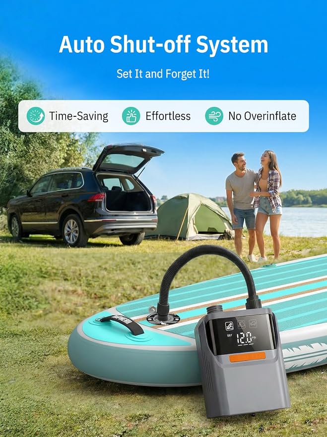 Niphean Paddle Board Electric Pump with Battery 50 PSI Rechargeable Air Pump Dual Stage Auto Inflation&Off 12V DC Car Connector Portable SUP Pump for Stand Up Paddle Board, Kayak, Tent and Tires