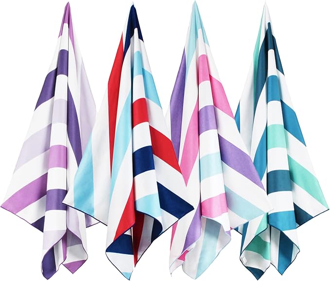 Whale Flotilla 4 Pack Large Quick Dry Beach Towel (30"x60"), Microfiber Sand-Free Beach Towel Set, Super Absorbent Compact Pool Travel Accessories, Purple/Navy/Aqua/Pink