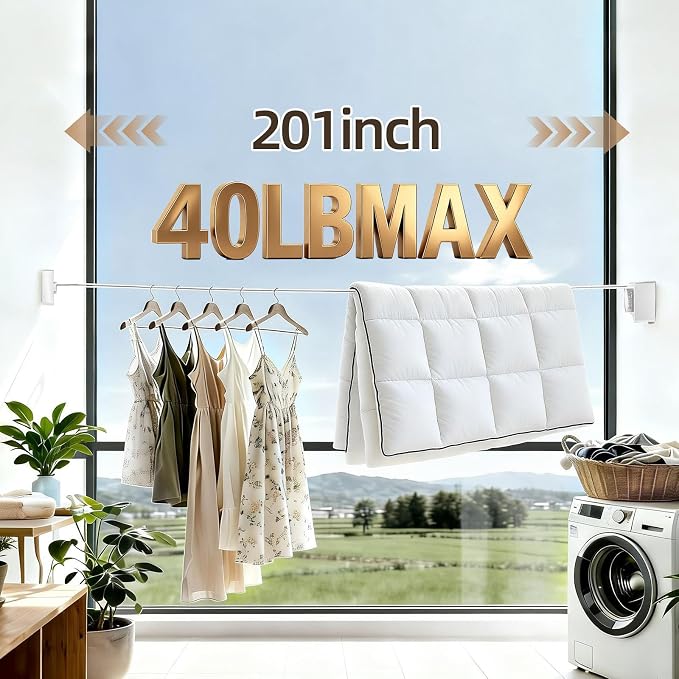 Anti-Sag Retractable Clothesline 40LB Capacity - 201in Stainless Steel Laundry Line for Indoor Outdoor, Wall Mounted Space Saving Easy Install (White, Single line)