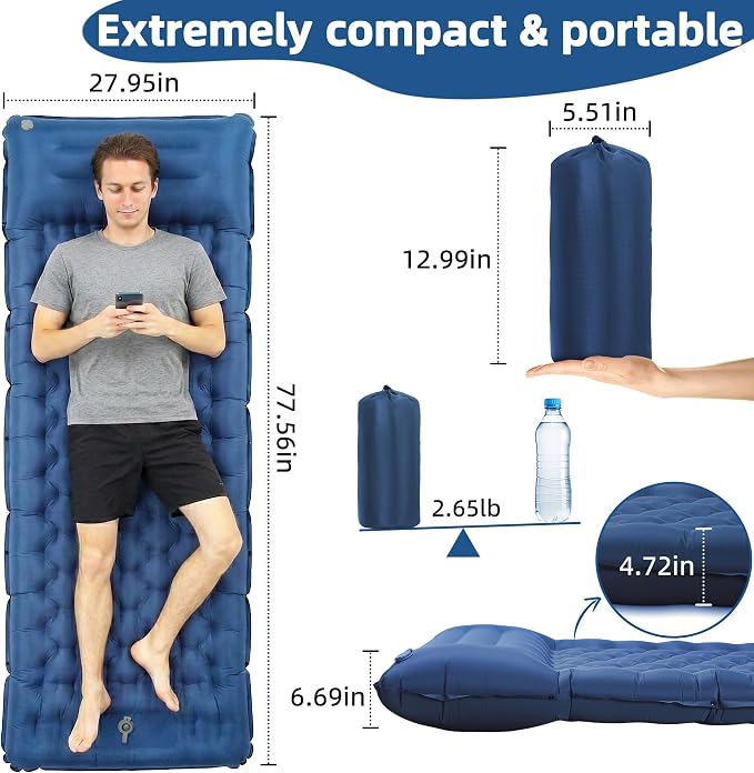 Camping Sleeping Pad, 4.7" Extra-Thick Camping Mattress with Pillow, Built-in Foot Pump Ultralight Inflatable Sleeping Pads for Camping Hiking Backpacking Traveling Tent, Navy Blue, Single