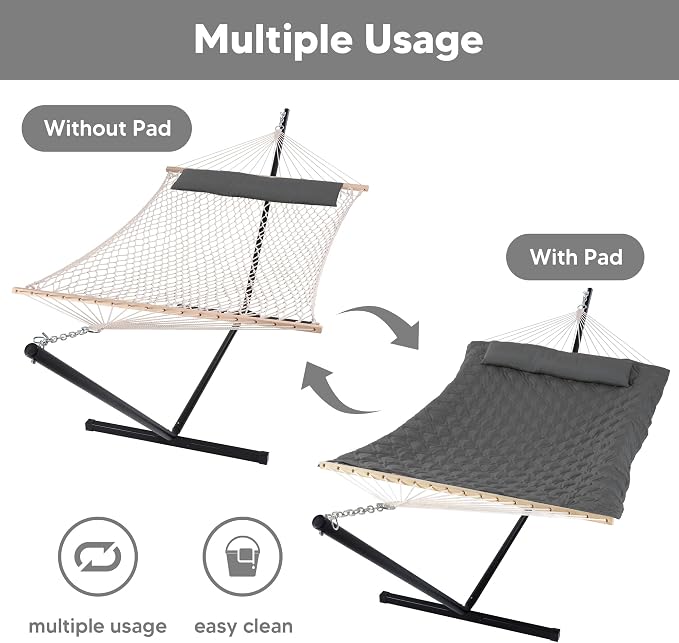 SUNCREAT Hammocks for Outside with Stand, Extra Large 2 Person Hammock with Stand, Carrying Bag, Dark Gray Drops