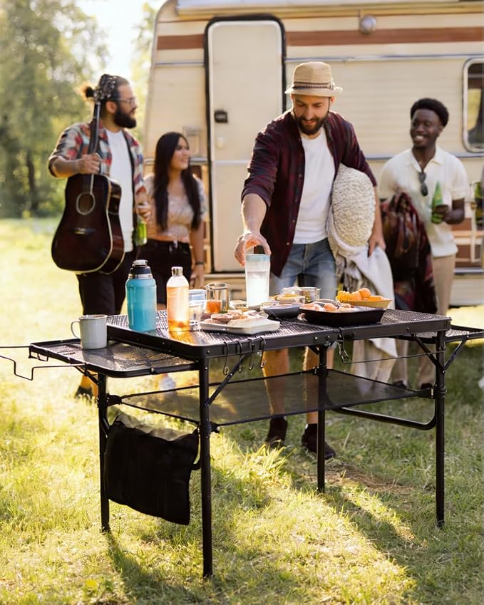 3ft Folding Camping Table with Wing Panels, Metal Mesh Grill Table,2 Adjustable Heights,Folding Table with Storage Net, Paper Towel Holder, Hooks, Trash Bag Rack, for Picnic,Camping,BBQ,Beach(Black)