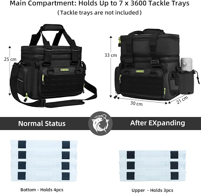 AUMTISC Fishing Tackle Bags for 3500/3600 Trays, Expandable Tackle Box Organizer Gear Storage Bag, with Rod Holders, Detachable Shoulder Strap, Freshwater or Saltwater Fishing Accessories Bags