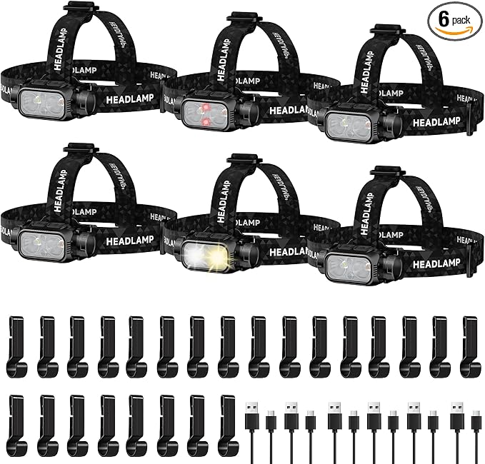 Atdoall Rechargeable LED Headlamp 6 Pack, High Lumen Super Bright Head Lamp with Red Light, Motion Sensor, 5 Modes, 90° Adjustable, Waterproof Lightweight Headlamps for Adult Running, Camping, Fishing