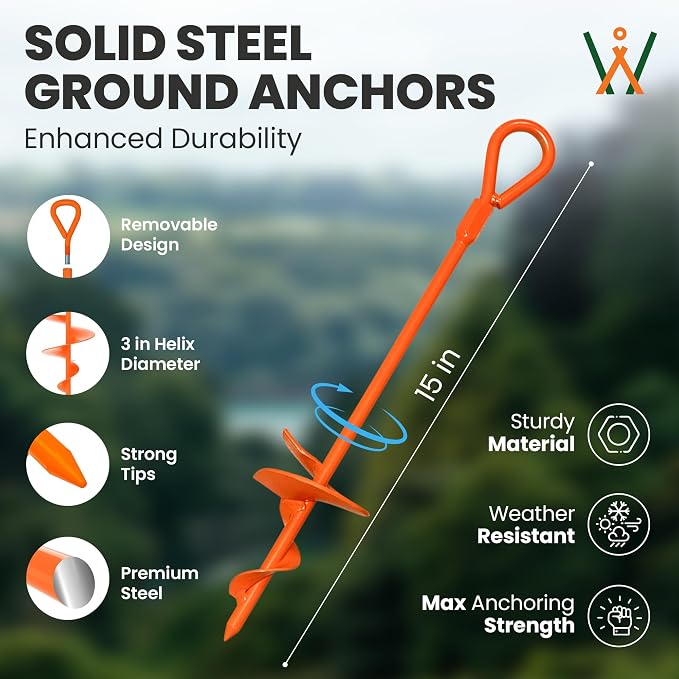 15" Screw-In Ground Anchors (4 Pack) – Heavy Duty Orange Trampoline Stakes, High Visibility Earth Augers with Drill Bit & Glow Carabiners for Canopy Tents, Carports & Swing Sets