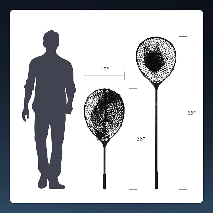 Black Paw Fish Landing Net with Soft Rubber Mesh Bag, Large Fishing Net with Built in Length Scale, Extend to 36-55 Inches