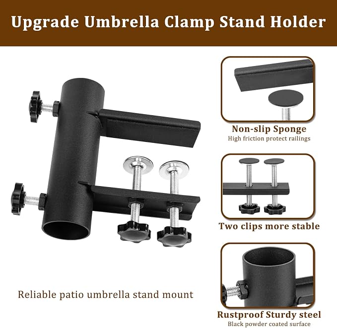 Patio Umbrella Clamp Clip, Umbrella Stand Holder, Outdoor Umbrella Base Adjustable Metal Umbrella Clamp Stand Mount for Chair, Fence Post, Square Railing, Bleachers, Table