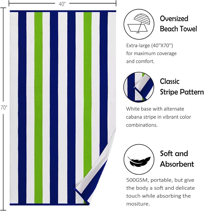 Bornbay Large Beach Towel Oversized - 40"X70" Big Cute Pool Towel, Extra Large Thick Grassgreen Beach Towels, XL Wide Fluffy Beach Towel Oversize, Giant Stripe Cotton Pool Towel for Adults