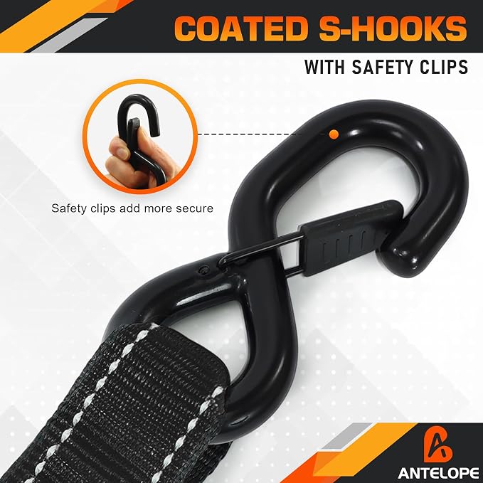 Ratchet Tie Down Straps Set, 5250 LBS Breaking Strength, 4 Pack 1.5" x 15' Heavy Duty Ratchet Straps, Cargo Strap, Motorcycle Straps for Trucks, Bicycle, Kayak, Moving, Tie Downs with S Hooks, Black