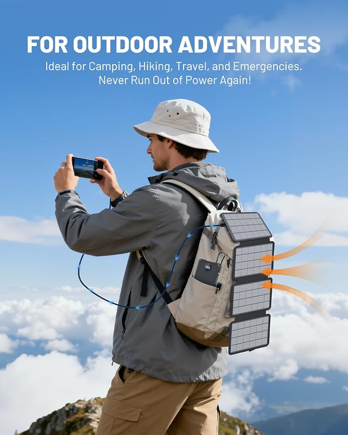 Solar Power Bank 10000mAh with 4 Panel Foldable Solar Charger,Portable Charger with 3 Built-in Cables, 15W Wireless Charging, USB-C in/Outputs, Emergency Flashlight for Outdoor Camping Hiking