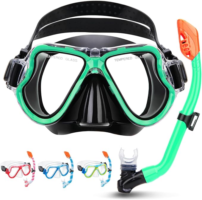 Snorkeling Gear for Kids, 4 in 1 Child Mask Fins Snorkel Set with Panoramic View Anti Fog Mask, Dry Top Snorkel, Trek Fins and Travel Bag, Kids Snorkeling Set with Fins for Snorkeling Swimming