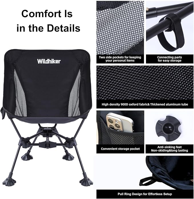 Wildhiker Ultralight Backpacking Chair – Compact Camping Chairs for Adults with Pouch, Weighs 2.8 lbs with Anti-Sinking Large Feet for Beach, Hiking, Motorcycle, Travel, Festival – Black 2pcs