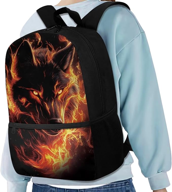 Fire Wolf School Bag Kids School Bag for Boys and Girls Backpack with Lunch Box Pencil Case Water Bottle Holder 4PCS School Accessories