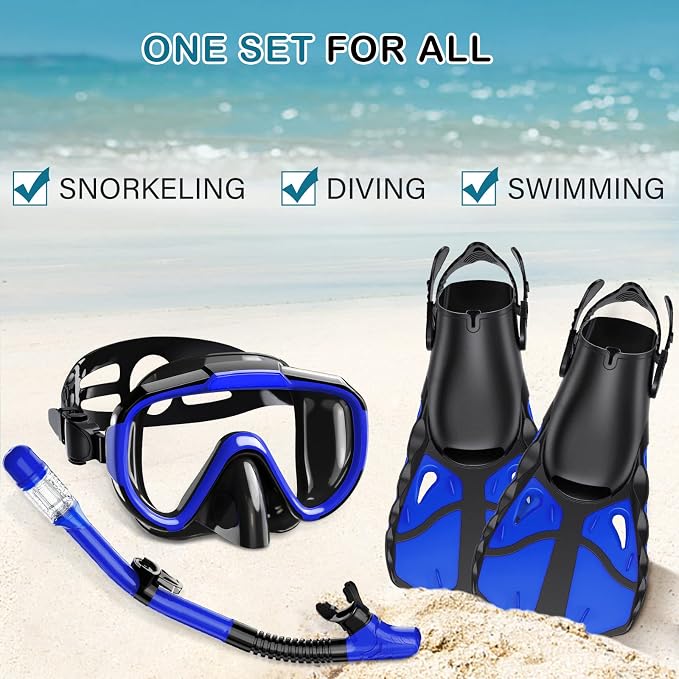 Snorkel Set with Fins for Adults, Snorkeling Gear for Adults Men and Women, Snorkle, Mask Set Adults Dry Top Snorkel Mask Combo Set with Travel Bag for Snorkeling, Diving, Swimming