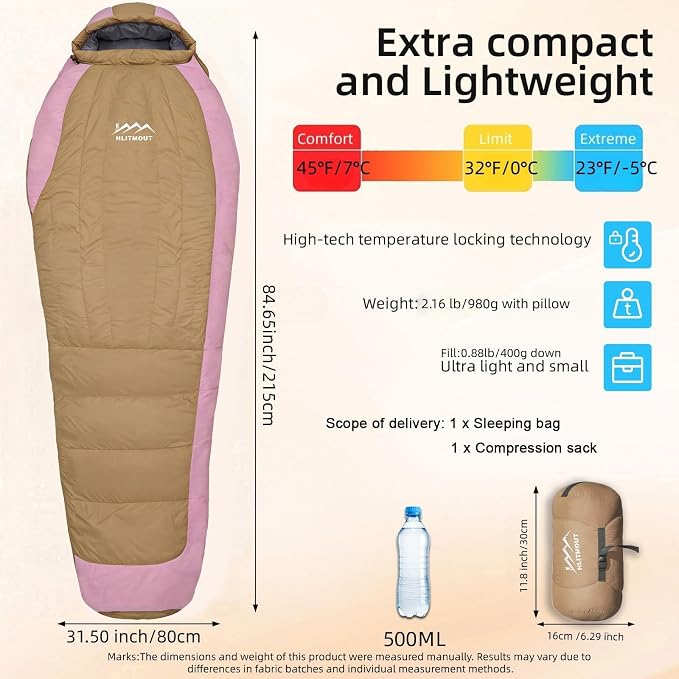 Down Sleeping Bag with Pillow, 0°F 20°F 32°F Regular and XL Compact Lightweight Sleeping Bag for Adults,Teens Backpacking,Camping and Hiking Outdoor