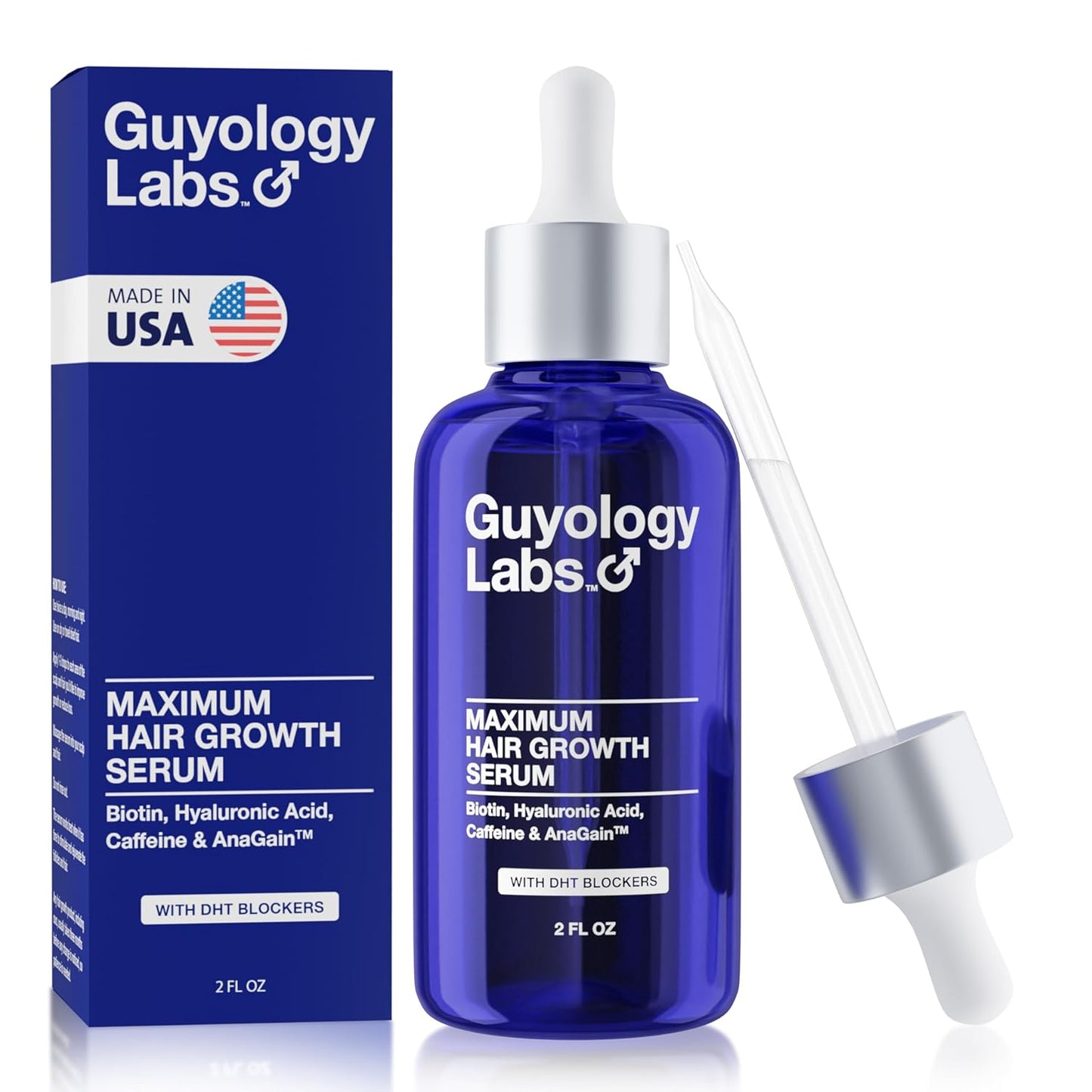 "Guyology Labs Biotin Hair Growth Serum for Men, Women & All Types of Hair - DHT Blocker & Scalp Serum - Hyaluronic Acid, Citrus - Anti Thinning Hair - Anti Hair Loss - Hair Regrowth - Made in USA"