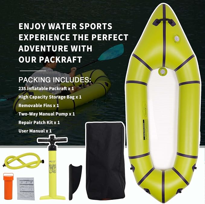 PVC Packrafts,1 Person Packraft for Flat Water Rafting Camping Trip/Fishing/Water Adventures, Travel Kayak with Two-Way Manual Pump, 300lb Weight Capacity
