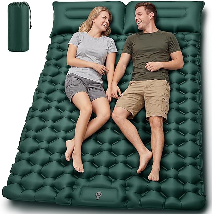 Double Camping Sleeping Pad, 4" Extra Thick 2 Person Inflatable Sleeping Pad with Built-in Foot Pump & Pillow, Self Inflating Camping Mattress for Tent, Backpacking, Hiking, Travel, RV（Dark Green）