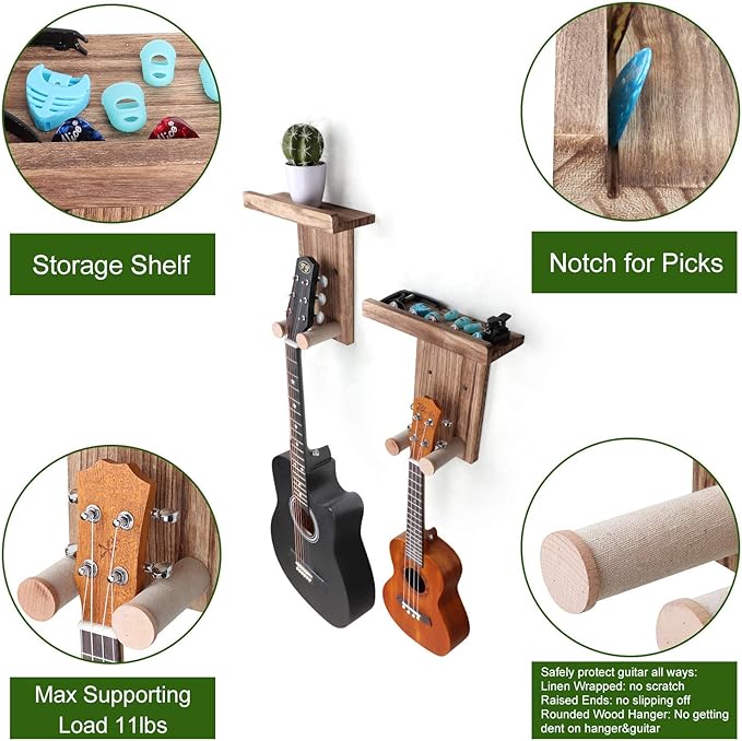 Keebofly Guitar Wall Mount Hanger with Shelf & Pick Holder - 2 Pack Guitar Holder Wall Hook for Acoustic, Electric, Bass Guitars, Ukulele (Screw-Mounted, Brown) [Patented]