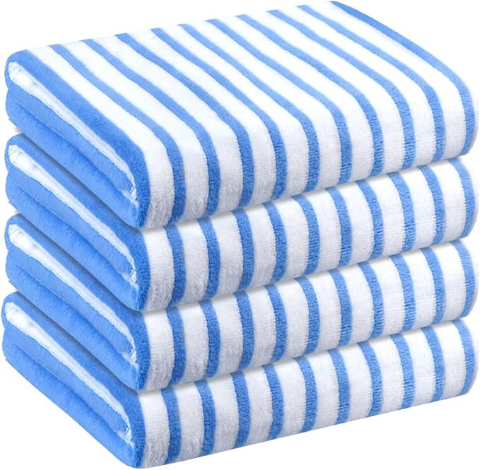 JML Microfiber Beach Towels, 4 Pack, 30" x 60", Cabana Stripe, Soft, Absorbent, Quick Dry Large Bath Towel Set for Adult, Travel, Summer Pool Party, Sport, Swimming, Yoga, Camping, StripeBlue