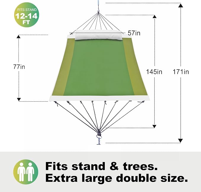 GAFETE 14ft 2 Person Hammock for Outside, Quick Dry Textilene, Portable Hammocks Without Stand with Folding Steel Spreader Bar, Carrying Bag, Tree Straps, Pillow & Sidebag, 550 lbs Capacity (Green)