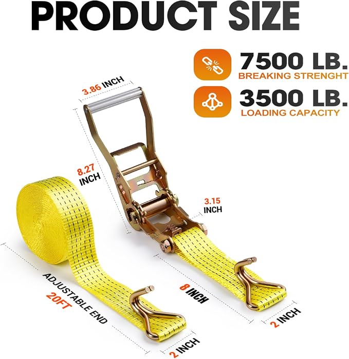 4Pack Ratchet Straps Heavy Duty-2 Inch x 20 Feet(7,500lb Break Strength), Tie-Down Ratcheting with J-Hook Cargo Straps Tiedown Ratchet for Moving and Transports with Trailers, Pickup, Flatbed Trucks