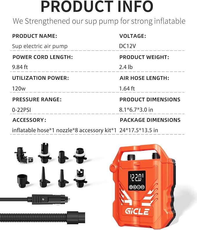 GICLE Paddle Board Pump Electric Portable with 12V DC Car Connector,22PSI Electric SUP Pump for Inflatebles Paddleboard,Bed,Mattress with Dual Stage Inflation and Boat Accessories