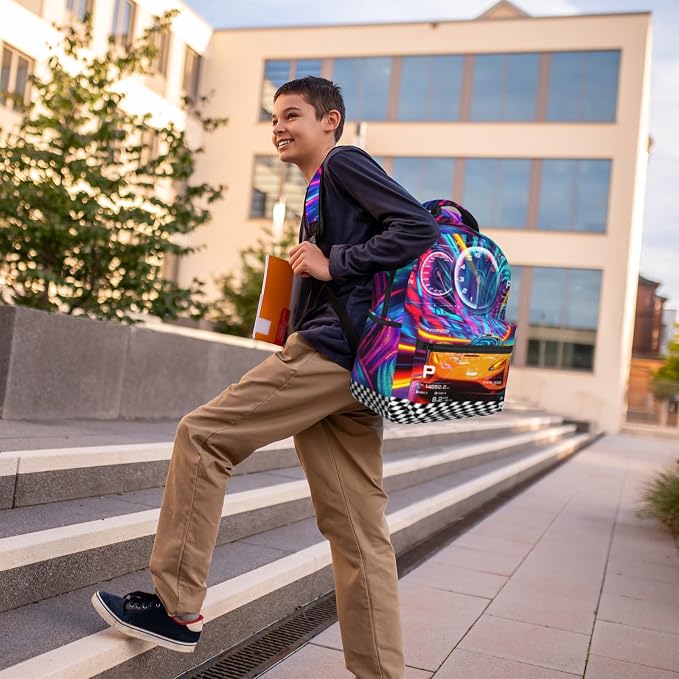 Kids Racing Car School Backpack For Boys Cool Sports Car Boys Backpack For Kids Children Teens Elementary Middle School Car Bookbag Travel Back Pack for Age 6-18
