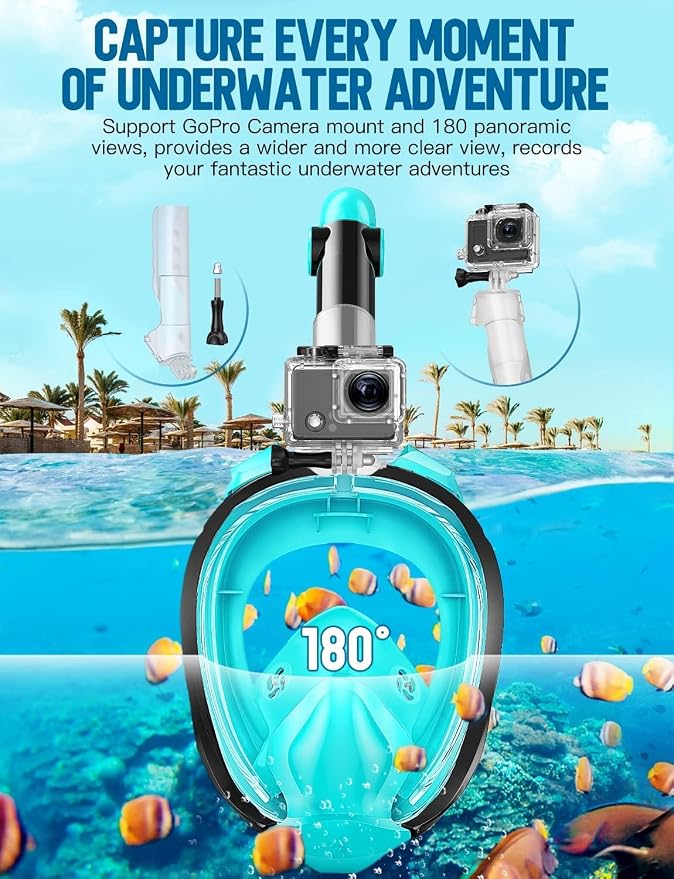Full Face Snorkel Mask for Adults, 180° Panoramic Anti-Fog Snorkeling Gear with Dry Top System & Camera Mount, Foldable Anti-Leak Design for Travel, Swimming & Ocean Snorkeling