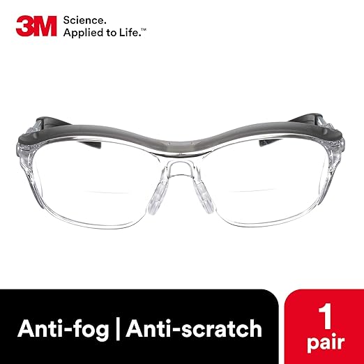3M Safety Glasses with Readers, Nuvo Readers, +2.0 Diopter, Pack of 1, ANSI Z87, Clear Lens, Gray Frame, Soft Nose Bridge, Side Shields
