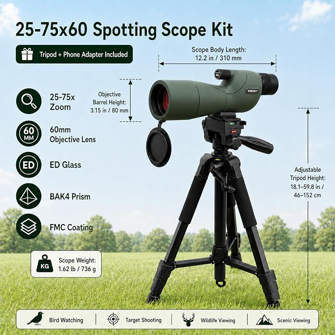 NWDEY 25-75X60 Spotting Scope with Upgraded 60in Tripod, BAK4 Prism & FMC 60mm Lens, Spotting Scope for Target Shooting, Bird Watching, Hunting & Outdoor Observation, Phone Adapter, Carry Bag