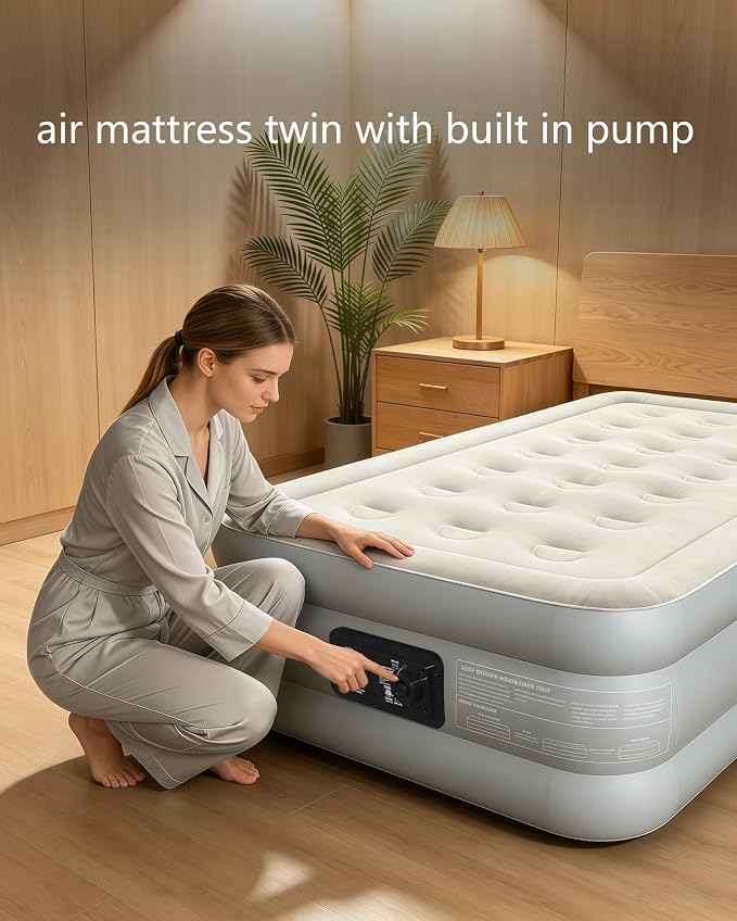 air Mattress, 18-inch Thickened Twin air Mattress, Suitable for Home use, Camping and Travel, Features Quick Inflation and deflation to Save You time (Light Gray, Twin)