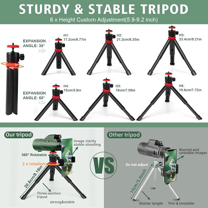 12x56 High Power Monocular Telescope with Tripod Bag, Handheld Monoculars for Adults with BAK4 Prism & FMC Lens, Suitable for Bird Watching Camping, New-Upgraded BAK4 - Forest Green