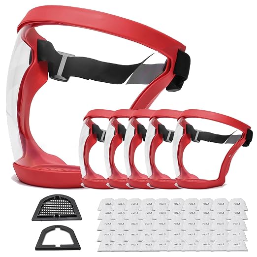 Anti-Fog Full Face Active shields Protection Visible Expression Transparent Breathable Comfortable Adults Reusable (Red, 5PCS) (JZY-0010)