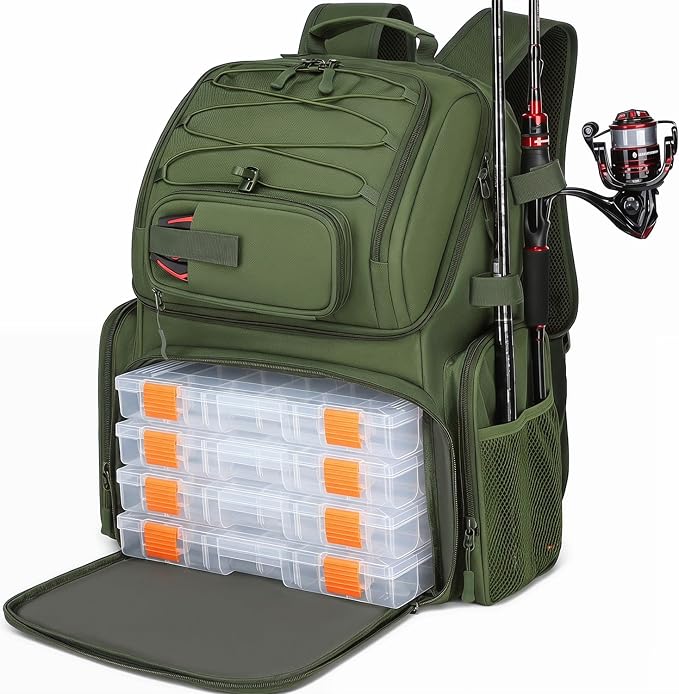 HAMBOLY Fishing Backpack with Tackle Boxes, 50L Fishing Tackle Bag with Cooler & Rod Holders, Waterproof Tackle Bag for Men