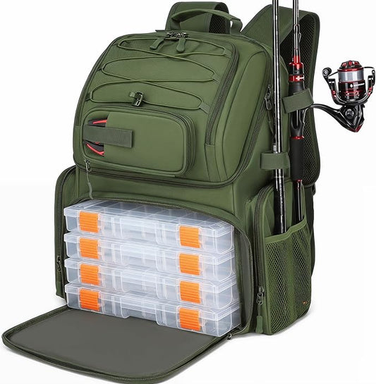 HAMBOLY Fishing Backpack with Tackle Boxes, 50L Fishing Tackle Bag with Cooler & Rod Holders, Waterproof Tackle Bag for Men