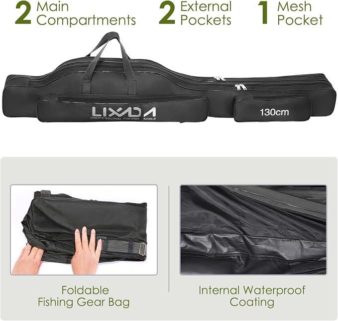 Lixada Fishing Rod Case, Portable Folding Fishing Rod Case Fishing Pole Reel Storage Bag Fishing Gears Organizer