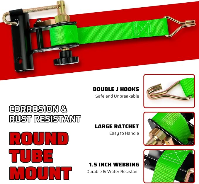 Green Rack Straps with J-Hook (4PK),1.5" x7.5' Ladder Rack Ratchet Straps, 2" Round Tube Mount, Perfect Ladder Rack Tie-Downs for Trailer Cargo Control