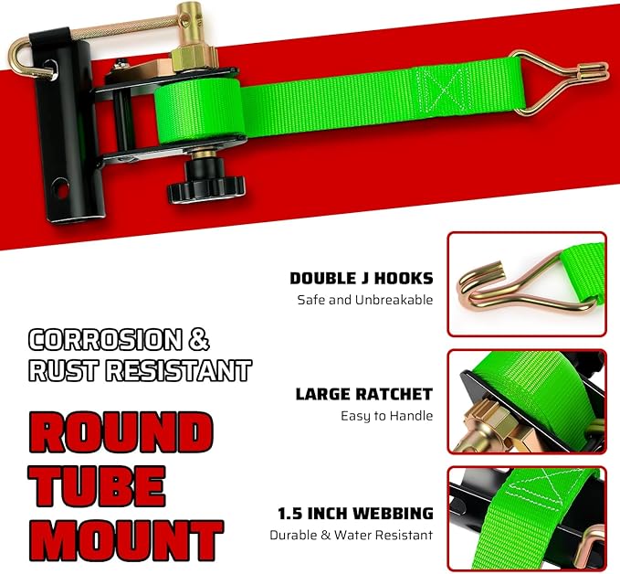Green Rack Straps with J-Hook (2PK),1.5" x7.5' Ladder Rack Ratchet Straps, 2" Round Tube Mount, Perfect Ladder Rack Tie-Downs for Trailer Cargo Control