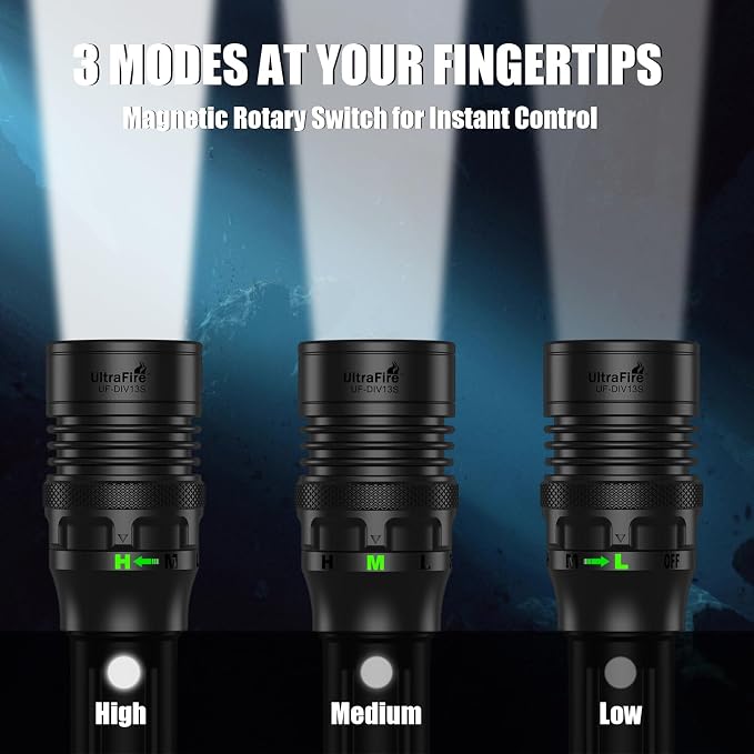 ULTRAFIRE Dive Light 3350 Lumens Rechargeable Scuba Diving Flashlight, IPX8 Waterproof Underwater Flashlight 100M Depth, 3 Modes with Magnetic Rotary Switch, for Snorkeling Night Diving Cave Safety