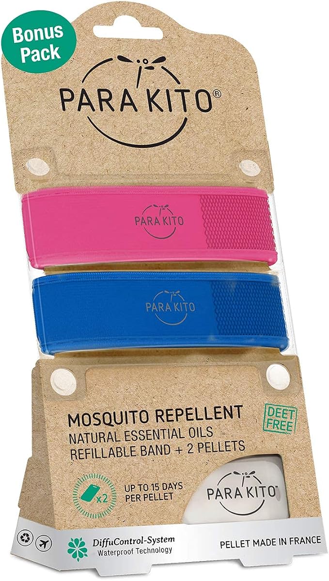 PARA'KITO Mosquito Repellent Bracelets + Refill Pellets Bundle | w/Peppermint Oil, Essential Oils | Hiking & Camping Accessories | Paraben Free, DEET Free - 2 Wristbands & 2 Refills (Fuchsia + Blue)