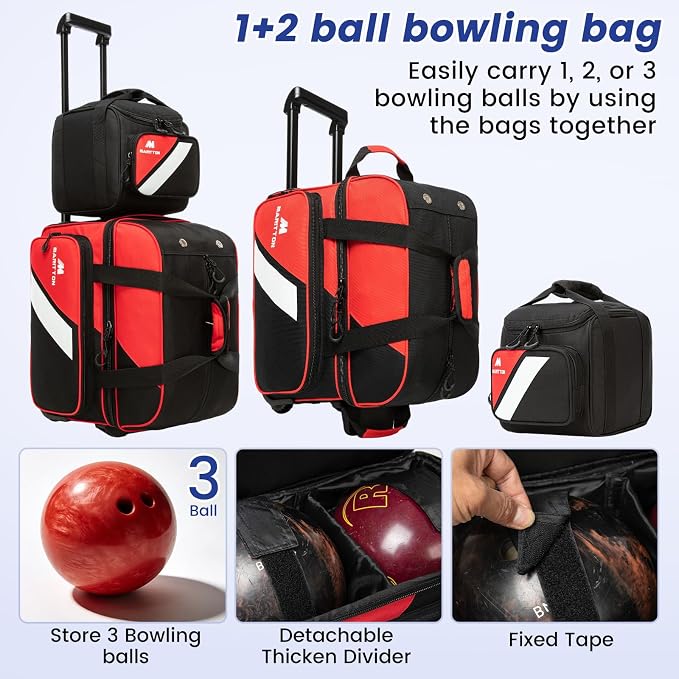 3 Ball Bowling Bags with Wheels, 2 Ball Bowling Bags Double roller with Single Ball Tote, Multi-Pockets & Shoe Compartment (Fits Up to Size 15).