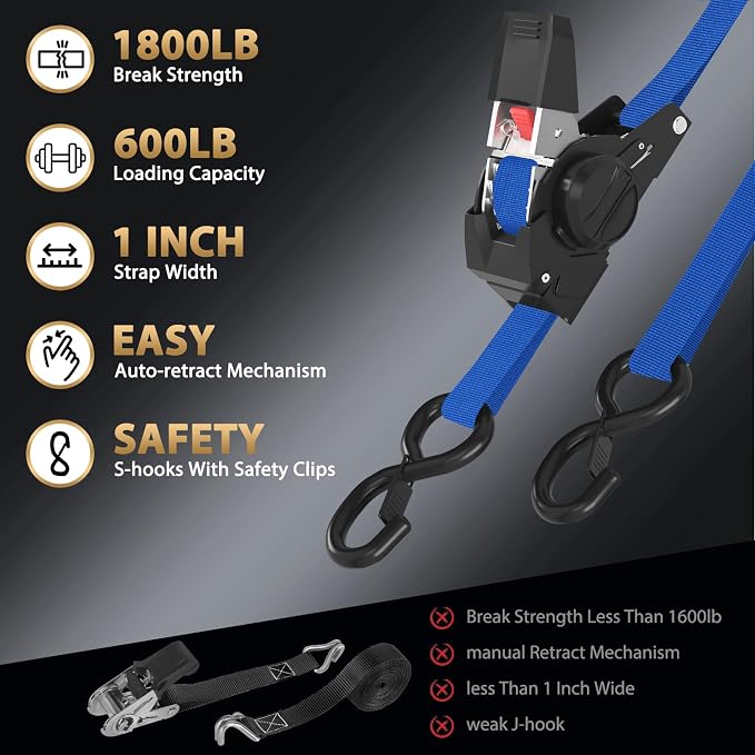 10FT Retractable Ratchet Straps(4-Pack) - 1 Inch (1800 LB Break Strength) Heavy Duty Self Retracting Ratchet Straps with Soft Loops & Storage Bag for Household, Motorcycle, Truck, ATV(Blue)