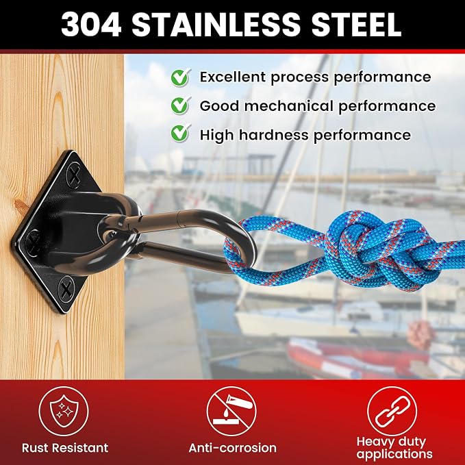 sprookber 304 Stainless Steel Pad Eye Snap Hooks, M8 Heavy Duty Ceiling Hooks, 1200 lb Capacity Hammock Swing Hanging kit, Plant Hangers, Marine Hardware Staple Hook Loop with Screws, Set of 8(Black)